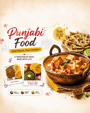 Delicious platter of traditional Indian Punjabi food including paneer butter masala, naan, and chole bhature