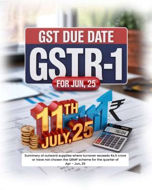 Image displaying the GST due date for GSTR-1 filing for June 25th, with a visual representation of a deadline and financial elements.