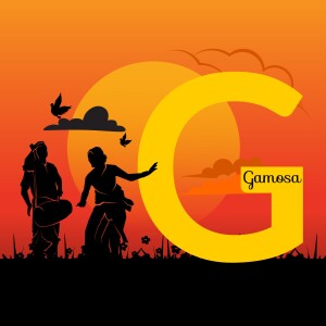 Silhouette of people with a large letter G and sunset background