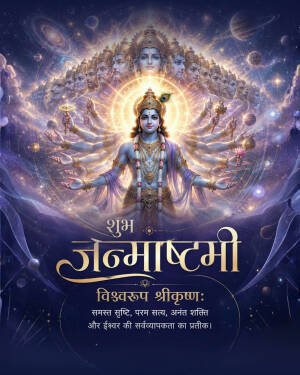 Lord Krishna revealing his cosmic Vishwaroop form during Janmashtami celebrations