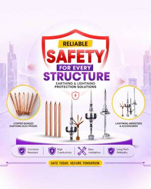 A graphic advertisement for earthing and lightning protection equipment featuring rods and arresters.
