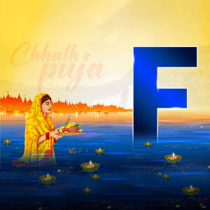 Illustration of a woman performing Chhath Puja with the letter 'F' in the background.