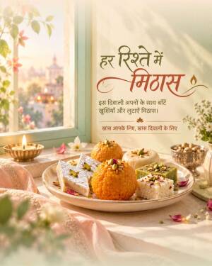 A festive Diwali greeting card featuring a plate of assorted Indian sweets including motichoor ladoo and kaju katli next to a lit diya by a window.