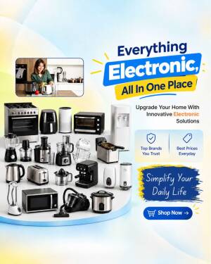 A collection of modern electronic kitchen appliances and home goods on display