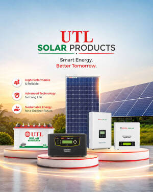 A collection of UTL solar products including panels, batteries, and inverters displayed against a sunset landscape background.