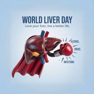 Illustration of a liver wearing a cape, fighting against threats like alcohol, drugs, and infections.