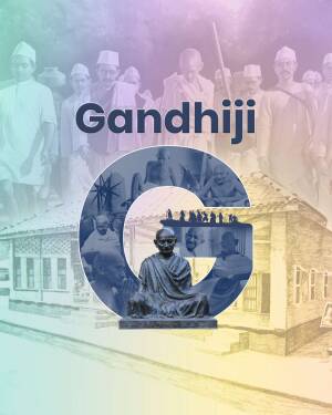 Image featuring Mahatma Gandhi and the letter 'G' with historical scenes.