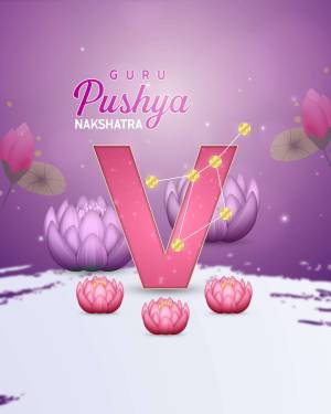 Illustration of the Pushya Nakshatra with lotus flowers and a prominent 'V' symbol.