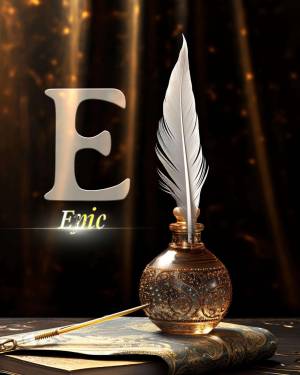 Silver letter E with a white quill pen and inkwell