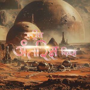Illustration of a futuristic city on a desert planet with multiple moons and text in Hindi.