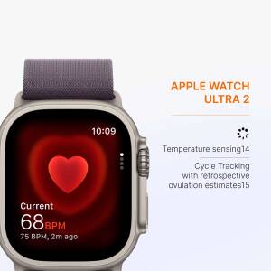 Close-up of Apple Watch Ultra 2 displaying heart rate and temperature sensing features.