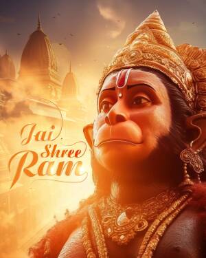 Digital art of Lord Hanuman with a temple in the background and 'Jai Shree Ram' text.