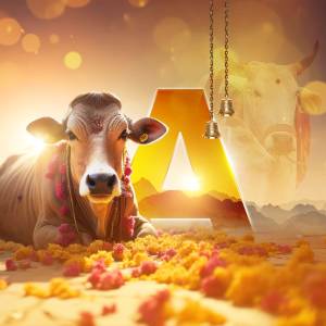 A cow lying down with a large golden 'A' symbol and flower petals.