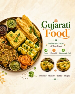 A beautifully arranged Gujarati food platter featuring Dhokla, Khandvi, Fafda, and Thepla.