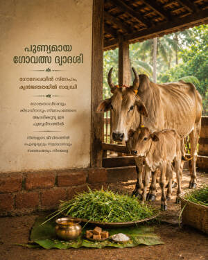 A mother cow and her calf standing in a rustic shed with traditional offerings for Govatsa Dwadashi