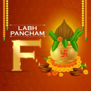 Labh Pancham festival greeting with coconut, marigolds, and diya