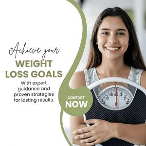 Woman smiling and holding a weight scale with text promoting weight loss guidance.