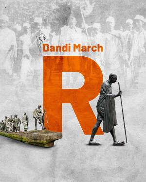 Poster commemorating the Dandi March with Mahatma Gandhi and a large letter 'R'