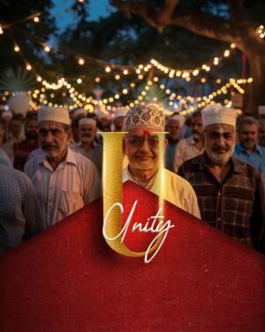 A promotional image with a large letter 'U' overlaid on a crowd of people, with string lights in the background.