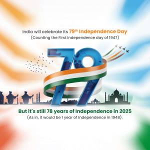 Graphic celebrating India's 78th Independence Day with the Indian flag, map, and cityscape.
