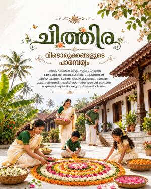 A family celebrating Chithira in a traditional Kerala home with flower rangoli