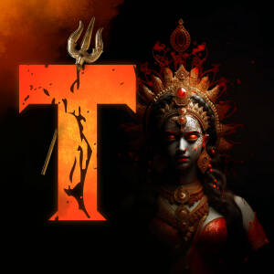 Digital art featuring the letter 'T' with Goddess Durga in the background.
