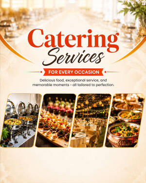 A promotional flyer for professional catering services featuring food platters and banquet decor