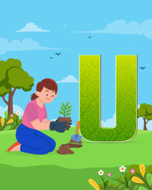 Illustration of the letter U made of leaves with a girl planting a seedling.