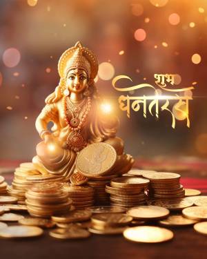 Golden Lakshmi idol surrounded by coins and festive lights for Dhanteras
