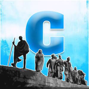 Image depicting Mahatma Gandhi leading the Dandi March with a large letter 'C' superimposed.