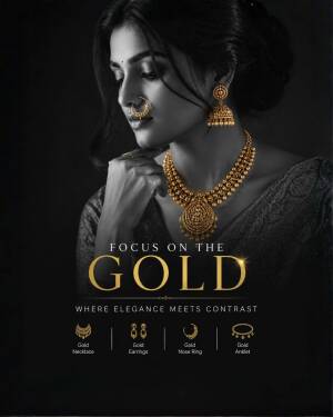 A beautiful woman showcasing traditional gold necklace, earrings, and nose ring against a dark moody background.