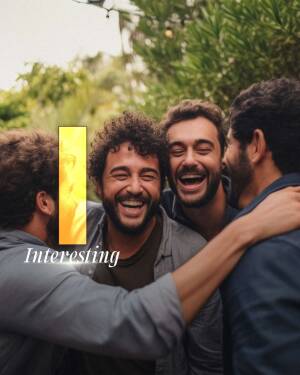 A group of four young men laughing and embracing outdoors.
