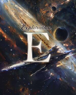 A spaceship flying through a colorful nebula with a large letter 'E' superimposed.