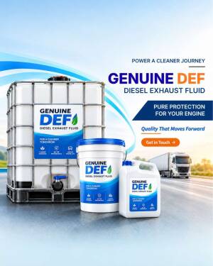 Various container sizes of Genuine DEF diesel exhaust fluid on a highway background