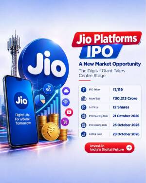 An infographic detailing the Jio Platforms IPO with price, issue size, and dates