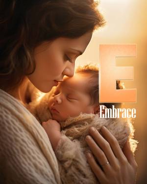 A mother lovingly cradling her newborn baby, with a large letter 'E' and the word 'Embrace' in the foreground.