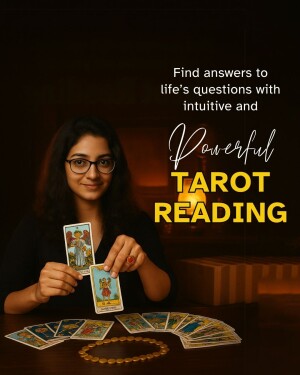 Woman holding tarot cards with text overlay promoting tarot reading services.
