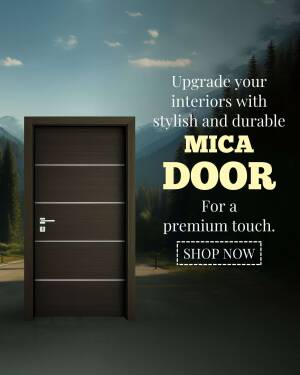 Brown Mica door with a mountain backdrop and promotional text.