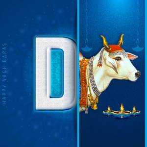 Image depicting a cow and the letter 'D' with a festive background for Govardhan Puja