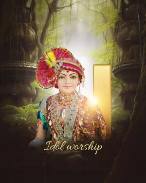 Portrait of Lord Krishna with ornate headdress and jewelry in a forest setting