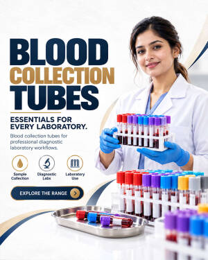 A lab technician holding a rack of medical blood collection tubes with various colored caps in a laboratory setting.