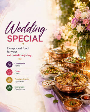 A beautifully arranged wedding catering display featuring copper pots of biryani and gourmet dishes with fresh flowers.