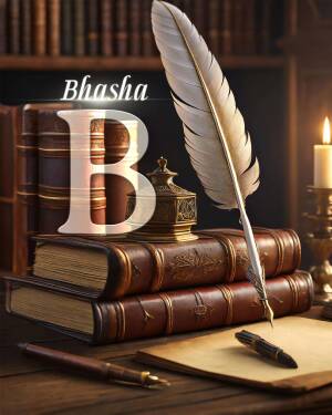 A still life featuring a feather quill, books, and a large letter 'B'