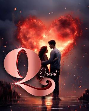 Couple embracing in front of a heart-shaped fire with the letter 'Q'