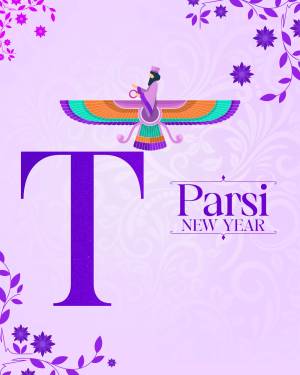 Illustration of a winged figure representing Zoroastrianism with the letter 'T' and 'Parsi New Year' text.