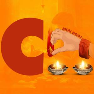 Illustration of a hand performing the Bhai Dooj ritual with diya lamps and a large 'B' in the background.