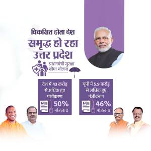 Image depicting the Pradhan Mantri Suraksha Bima Yojana scheme in Uttar Pradesh with Prime Minister Modi and state officials.