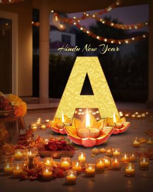 Golden letter 'A' with Diwali lamps and decorations for Hindu New Year