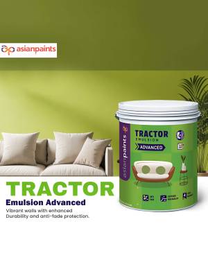 Asian Paints Tractor Emulsion Advanced paint can with living room background