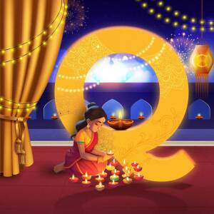 A woman lighting oil lamps during a Diwali celebration with a large golden '9' in the background.